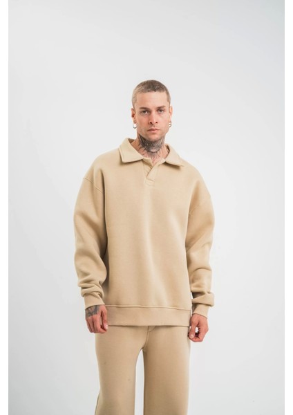 Unisex Double Oversize Patlı Yaka Sweatshirt - Bej