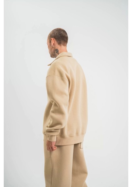 Unisex Double Oversize Patlı Yaka Sweatshirt - Bej