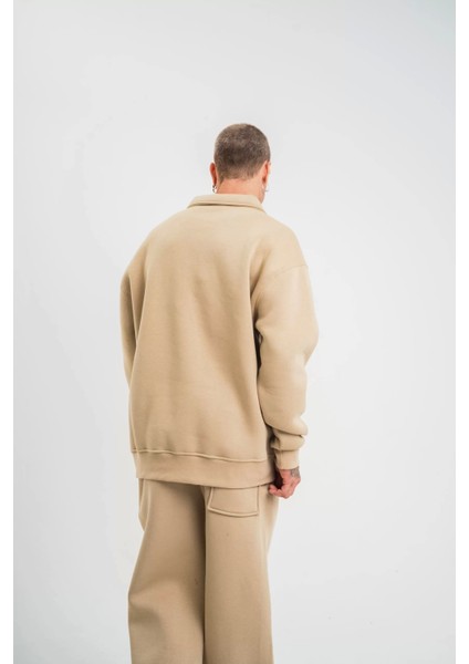 Unisex Double Oversize Patlı Yaka Sweatshirt - Bej