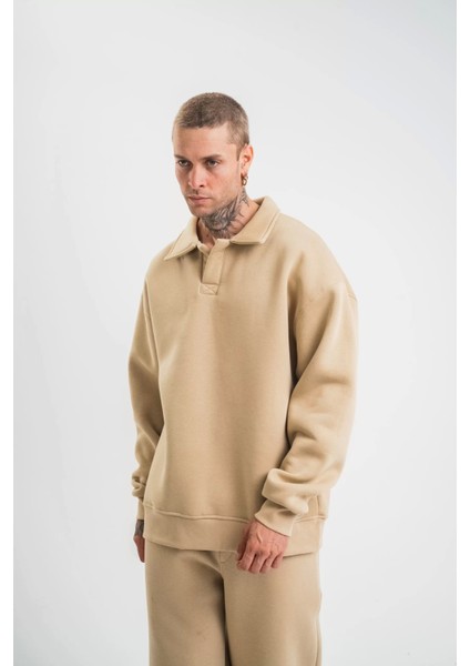 Unisex Double Oversize Patlı Yaka Sweatshirt - Bej