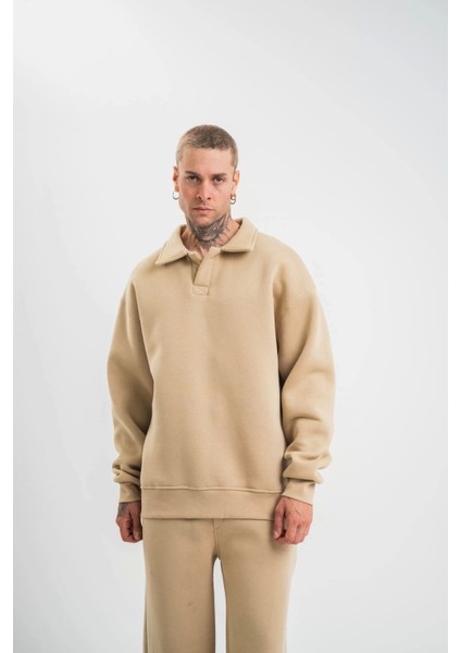 Unisex Double Oversize Patlı Yaka Sweatshirt - Bej