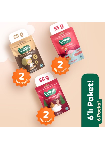 Organik Vegan Zencefilli Tahinli ve Çilekli Tatlı Kurabiyeler Atıştırmalık Paketi - 6 Adet (3 Çeşit)