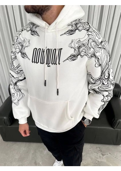 Kapşonlu Üç Iplik Baskılı Sweatshirt - Beyaz