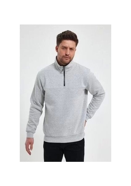 Oversize Yarım Farmuarlı Yakalı Basic Sweatshirt - Gri