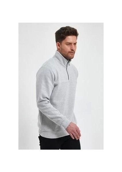 Oversize Yarım Farmuarlı Yakalı Basic Sweatshirt - Gri