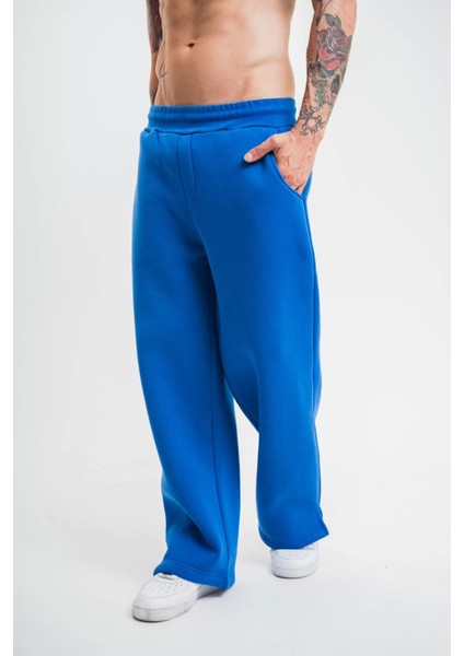 Unisex Boru Paça Baggy Eşofman Pantolon - Mavi