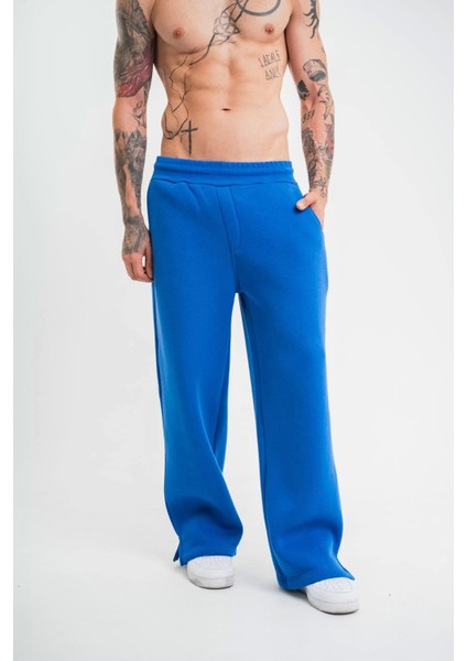 Unisex Boru Paça Baggy Eşofman Pantolon - Mavi