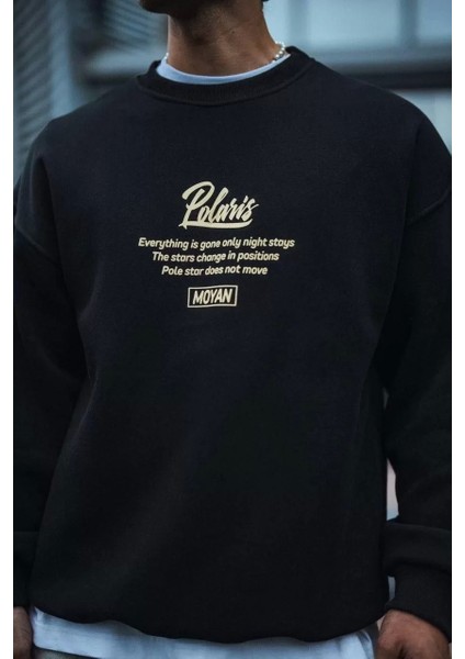 Kışlık Bisiklet Yaka Ön ve Arka Baskılı Sweatshirt - Siyah