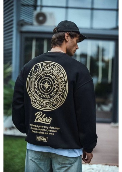 Kışlık Bisiklet Yaka Ön ve Arka Baskılı Sweatshirt - Siyah