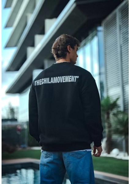 Kışlık Bisiklet Yaka Oversize Baskılı Sweatshirt - Siyah