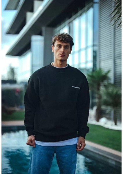 Kışlık Bisiklet Yaka Oversize Baskılı Sweatshirt - Siyah