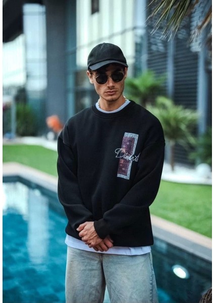 Uzun Kol Bisiklet Yaka Ön ve Arka Baskılı Sweatshirt - Siyah