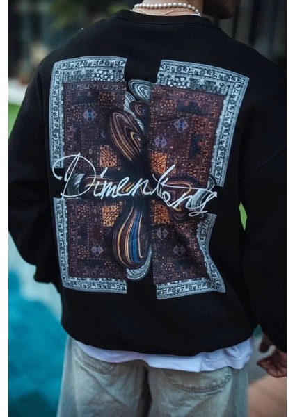 Uzun Kol Bisiklet Yaka Ön ve Arka Baskılı Sweatshirt - Siyah