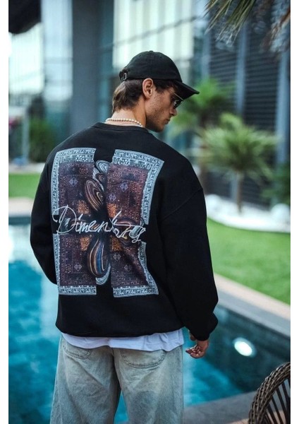 Uzun Kol Bisiklet Yaka Ön ve Arka Baskılı Sweatshirt - Siyah