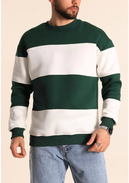 Parçalı Bisiklet Yaka Baskılı Sweatshirt - Yeşil