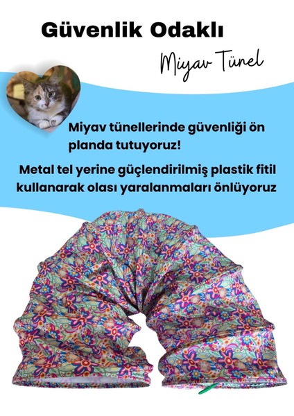 Çiçek Desenli Kedi Oyun Tüneli 125 cm Katlanabilir ve Dayanıklı Uzun Kedi Tüneli