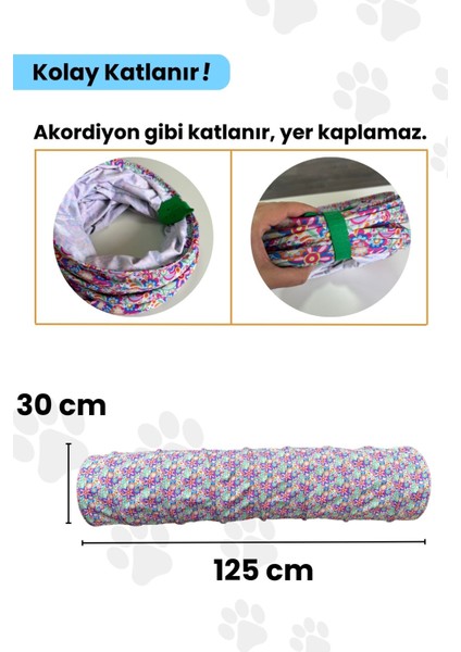 Çiçek Desenli Kedi Oyun Tüneli 125 cm Katlanabilir ve Dayanıklı Uzun Kedi Tüneli