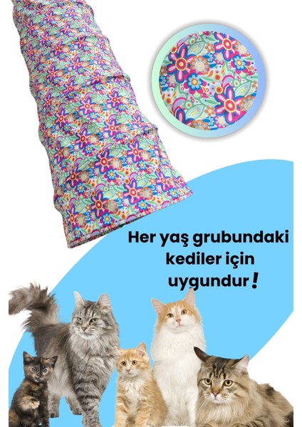 Çiçek Desenli Kedi Oyun Tüneli 125 cm Katlanabilir ve Dayanıklı Uzun Kedi Tüneli
