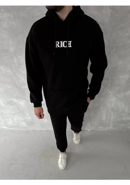 Uzun Kol Kapüşonlu Göğüs Baskılı Sweatshirt - Siyah