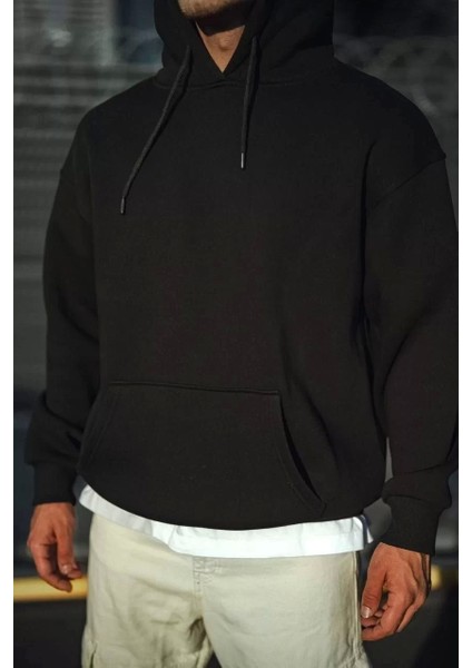 Üç Iplik Penye Kapşonlu Basic Sweatshirt - Siyah