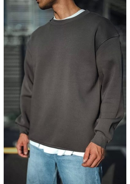 Kışlık Bisiklet Yaka Üç Iplik Basic Sweatshirt - Antrasit