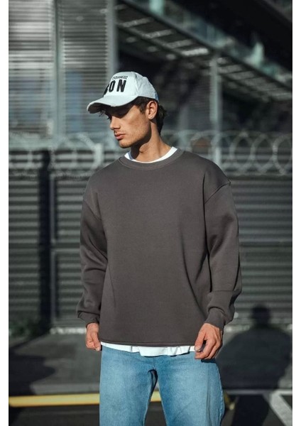 Kışlık Bisiklet Yaka Üç Iplik Basic Sweatshirt - Antrasit