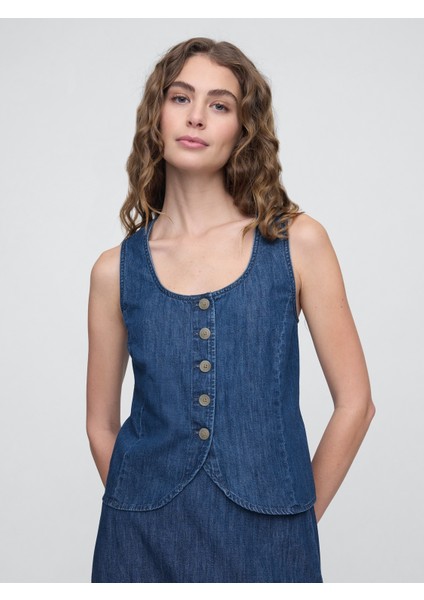 Kadın Mavi V Yaka Denim Askılı Bluz