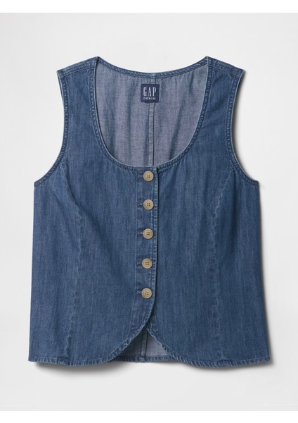 Kadın Mavi V Yaka Denim Askılı Bluz