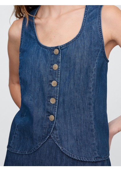 Kadın Mavi V Yaka Denim Askılı Bluz