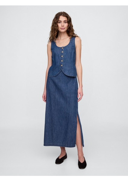 Kadın Mavi V Yaka Denim Askılı Bluz
