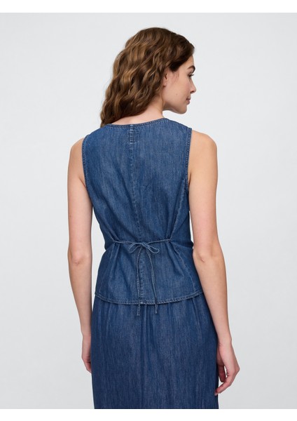 Kadın Mavi V Yaka Denim Askılı Bluz