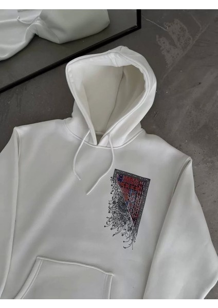 Uzun Kol Kapüşonlu Ön ve Arka Baskılı Sweatshirt - Beyaz
