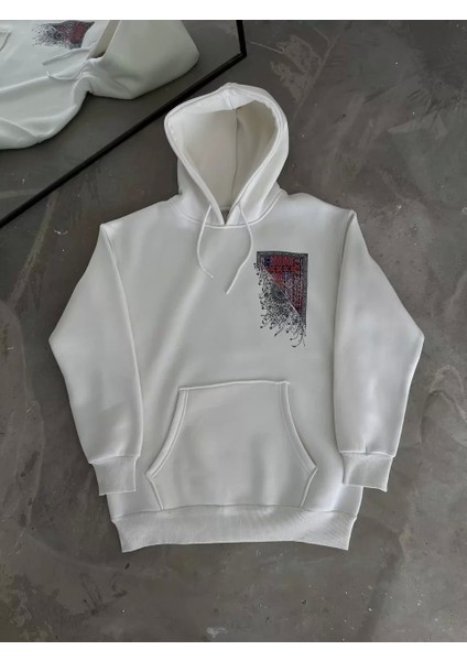 Uzun Kol Kapüşonlu Ön ve Arka Baskılı Sweatshirt - Beyaz