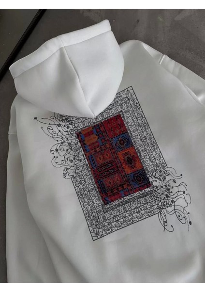 Uzun Kol Kapüşonlu Ön ve Arka Baskılı Sweatshirt - Beyaz