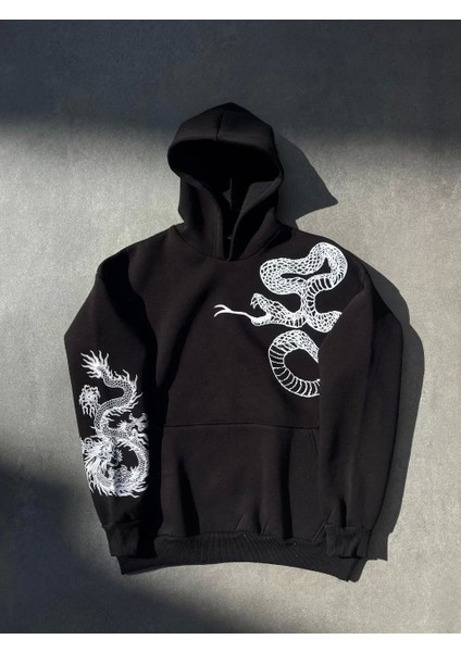 Uzun Kol Kapüşonlu Baskılı Sweatshirt - Siyah