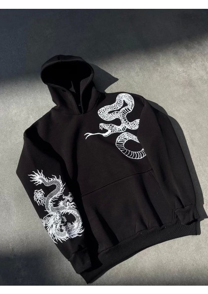 Uzun Kol Kapüşonlu Baskılı Sweatshirt - Siyah