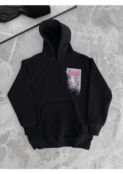Uzun Kol Kapüşonlu Ön ve Arka Baskılı Sweatshirt - Siyah