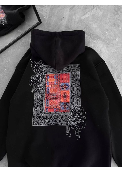 Uzun Kol Kapüşonlu Ön ve Arka Baskılı Sweatshirt - Siyah
