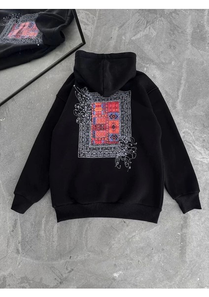 Uzun Kol Kapüşonlu Ön ve Arka Baskılı Sweatshirt - Siyah