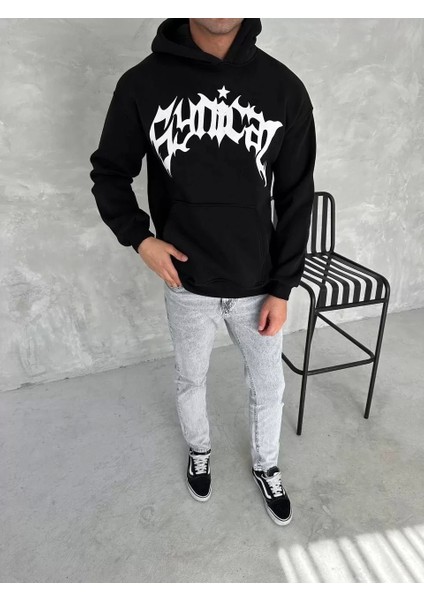Üç Iplik Kapüşonlu Baskılı Sweatshirt - Siyah