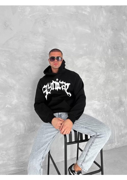 Üç Iplik Kapüşonlu Baskılı Sweatshirt - Siyah