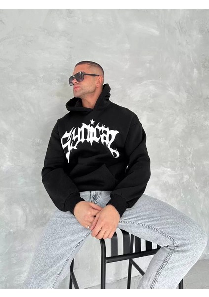 Üç Iplik Kapüşonlu Baskılı Sweatshirt - Siyah