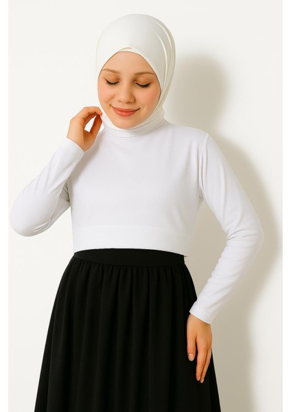 Kadın Beyaz Crop Tişört Bluz | Tesettür Boyunluklu Kolluk Yarım Üst Tunik Body Şık Tasarım fiyatları