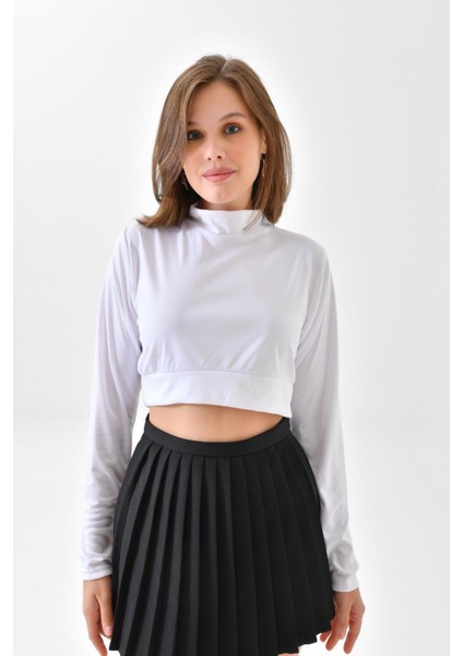 Kadın Beyaz Crop Tişört Bluz | Tesettür Boyunluklu Kolluk Yarım Üst Tunik Body Şık Tasarım