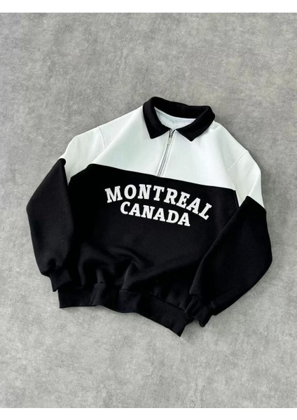 Yarım Fermuarlı Parçalı Yakalı Sweatshirt - Siyah fiyatları