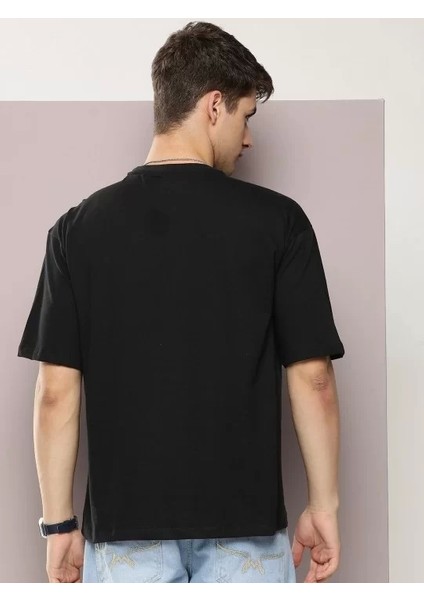 Erkek Baskılı Oversize T-Shirt - Siyah