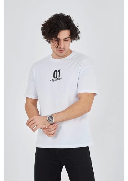 Erkek Bisiklet Yakalı Baskılı T-Shirt - Beyaz modelleri