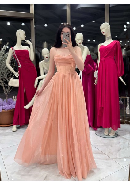 Hadley Göğüs Drapeli Korseli Ayarlanabilir Ip Bağlamalı Simli Uzun Elbise Pudra