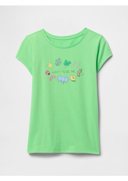 Kız Çocuk Yeşil Grafik T-Shirt