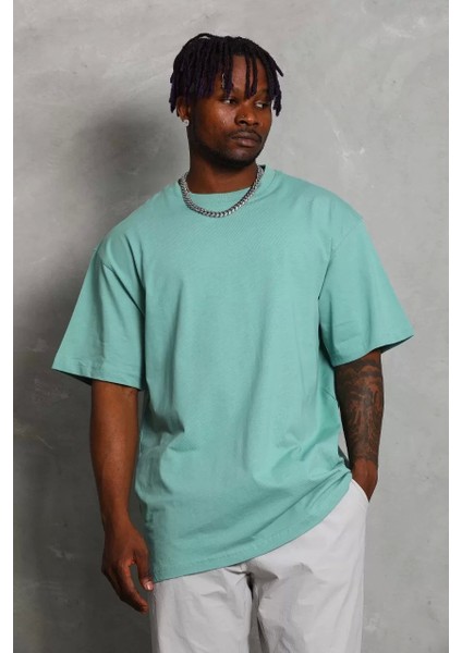 Oversize Düz Bisiklet Yaka T-Shirt - Mint Yeşili modelleri